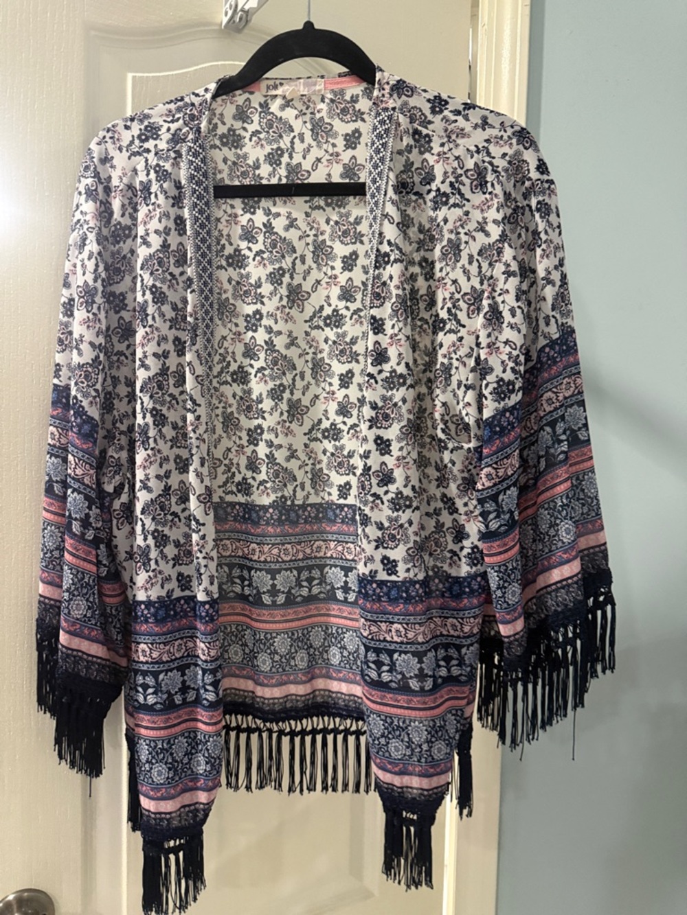 Jolt Floral Fringe Kimono Jacket - Navy, Pink & White